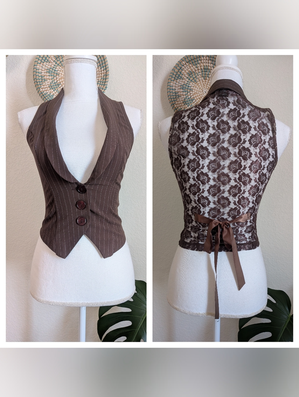 Y2K Vintage Wet Seal Brown Pinstripe Lace Bow Cropped Vest XS